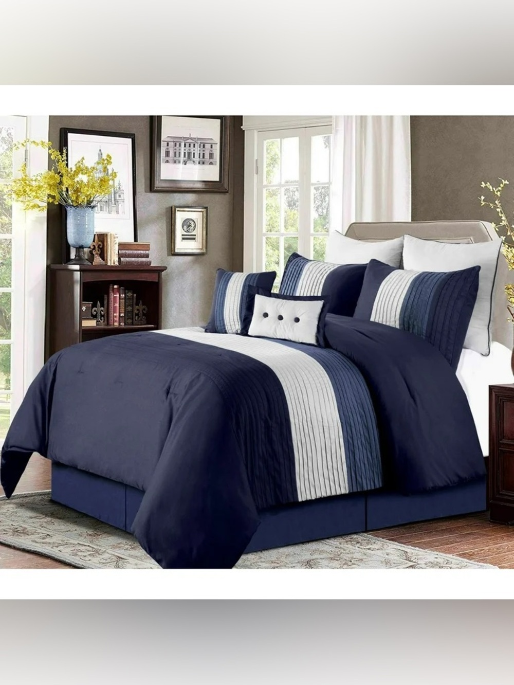 Navy and White Striped king 3 piece Comforter Set - Home Bedding